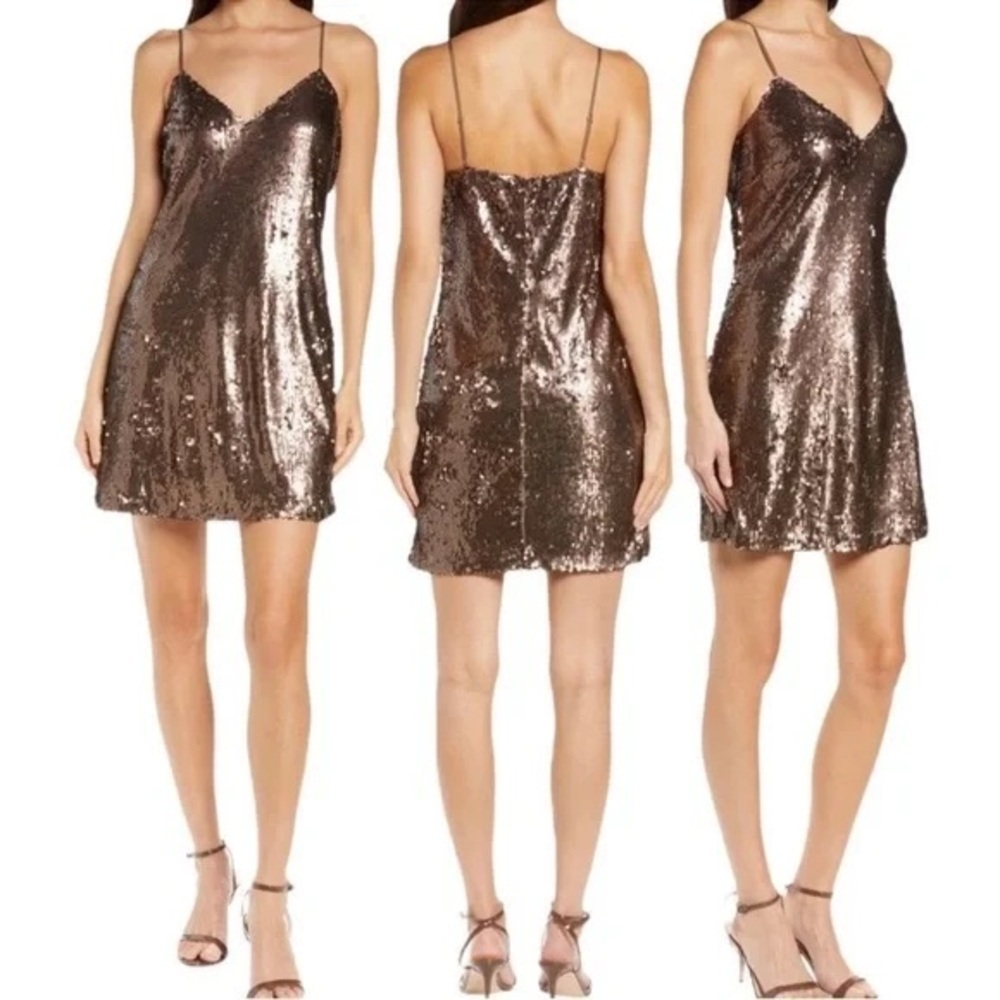 L'AGENCE Bronze brown spaghetti strap Sequin mini dress